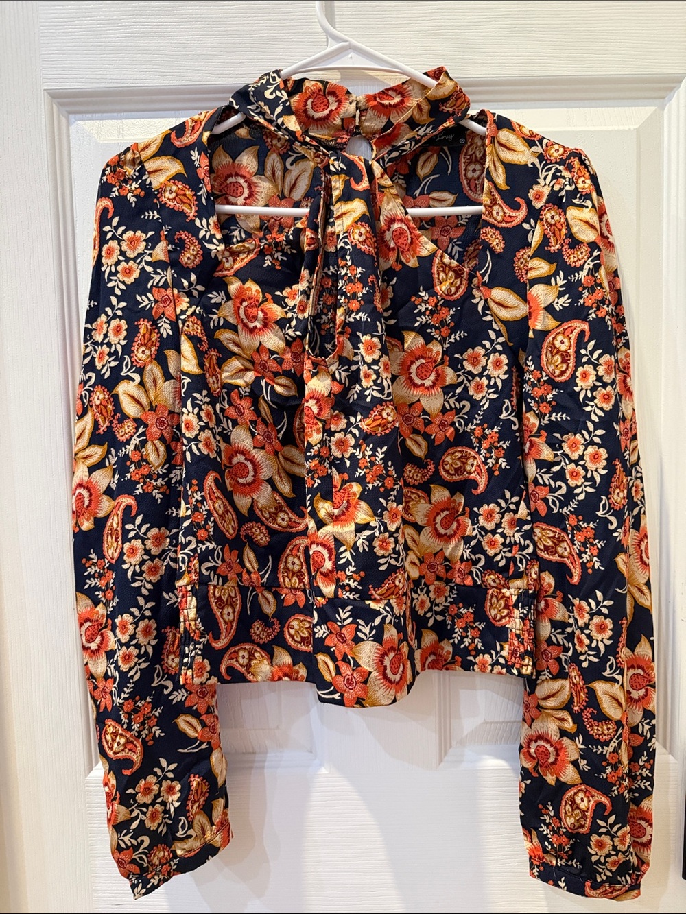 Womens Navy Floral Tie-Neck Blouse